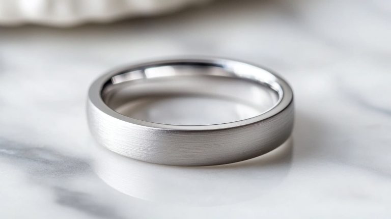 A simple yet elegant platinum wedding band with a brushed matte finish, resting on a marble surface, emphasizing the metal's natural white hue and timeless appeal.