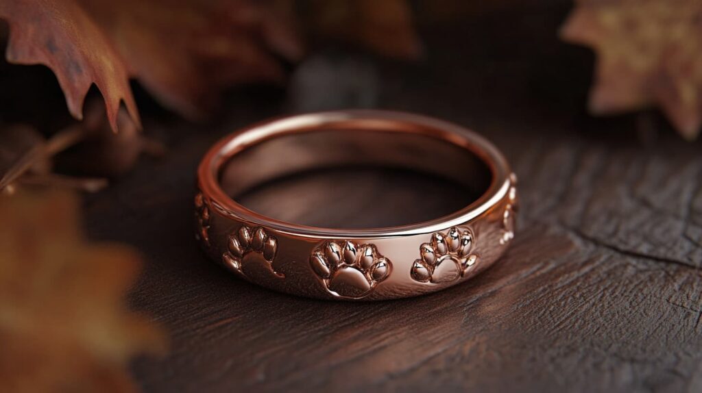 Rose gold ring with engraved paw prints, designed as a memorial for a beloved pet.