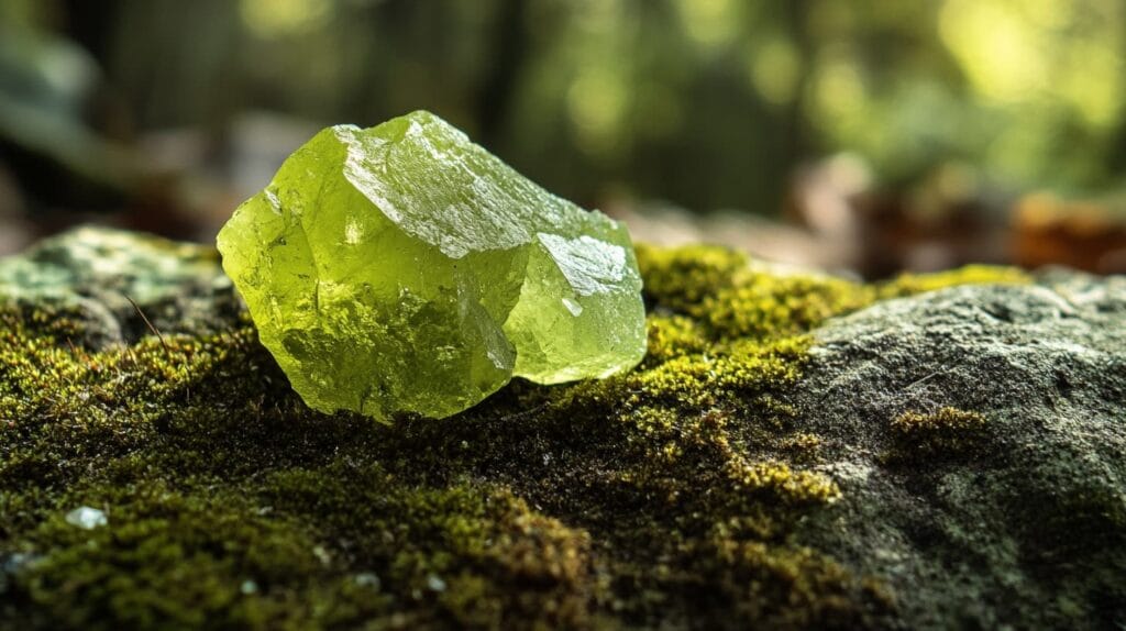 Raw peridot crystal on mossy ground, highlighting the natural beauty of August's birthstone in its uncut form.
