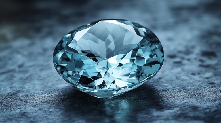 Round-faceted aquamarine gemstone with bright blue clarity, reflecting on a textured surface.