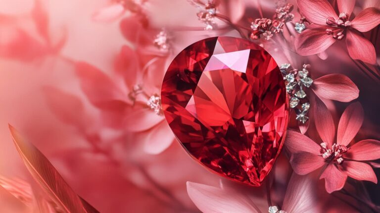 A ruby gemstone surrounded by pink flowers, highlighting the beauty of the July birthstone.