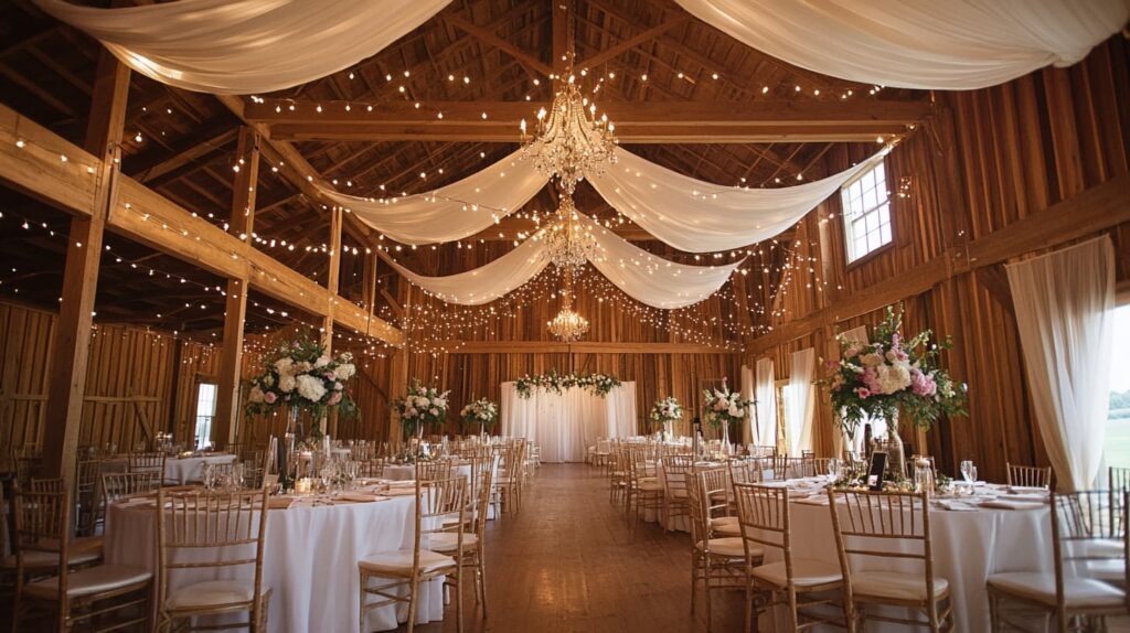 Rustic barn wedding venue with elegant draped fabric, chandeliers, and floral centerpieces.