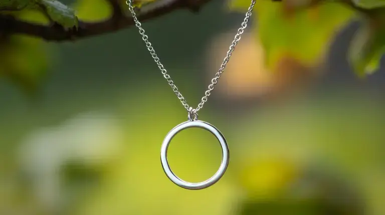 Close-up of a silver circle pendant necklace symbolizing eternity and unity in jewelry design.