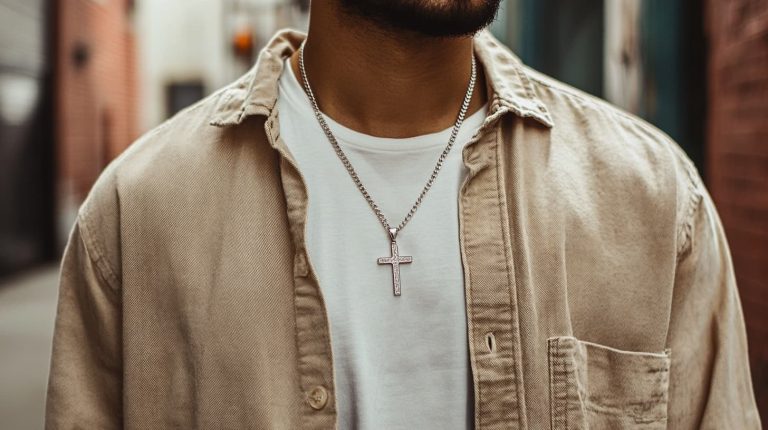 Close-up of a person wearing a silver cross necklace over a white shirt and beige jacket in an urban setting.