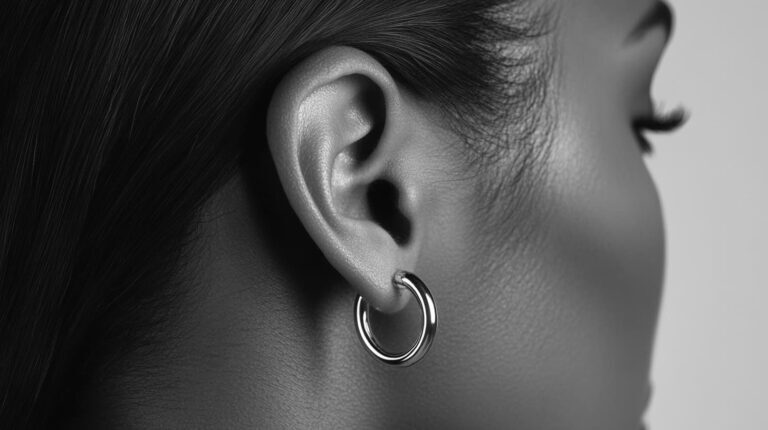 Black and white close-up of a silver hoop earring worn by a woman, showcasing a simple and classic style.