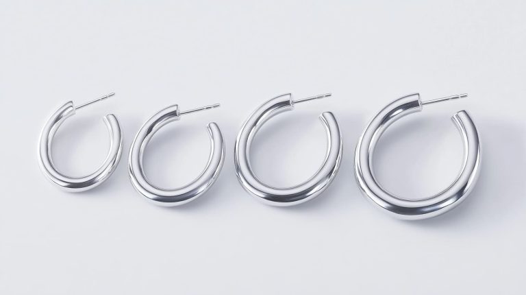 Set of silver hoop earrings in ascending sizes, ranging from small to large, displayed on a white background for size comparison.