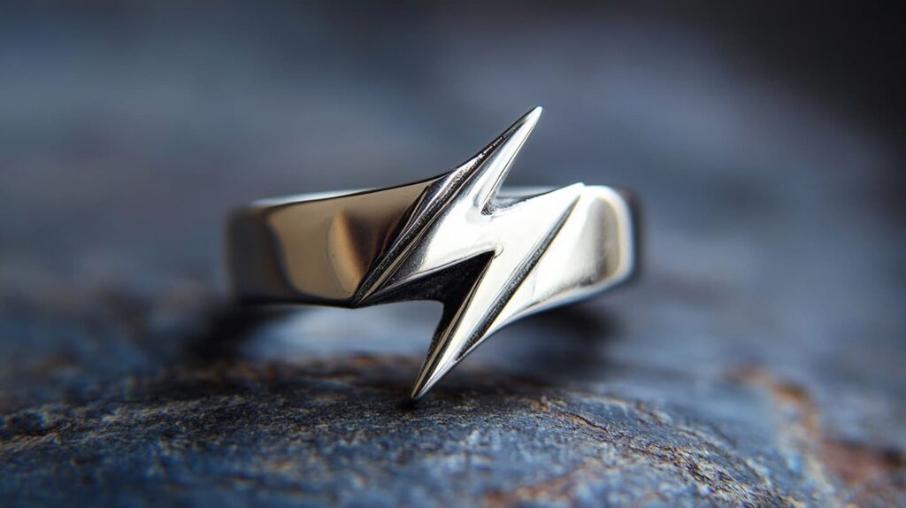Silver lightning bolt ring with a bold design, symbolizing inner strength and protection in modern jewelry.