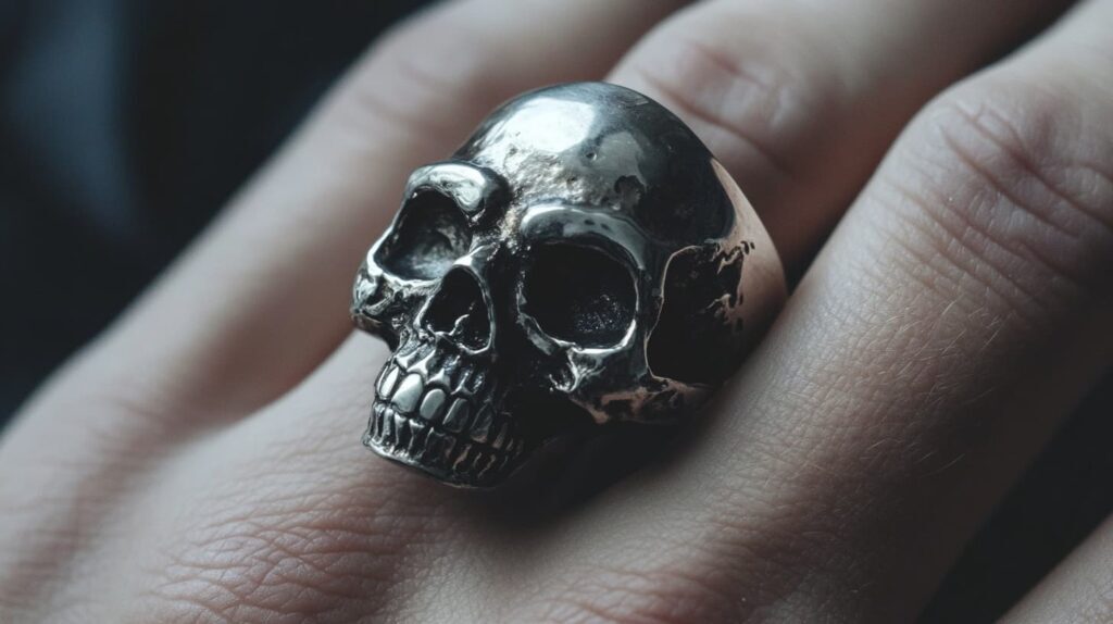 A silver skull ring worn on a hand, representing a bold statement piece and the edgy appeal of skull-themed jewelry.