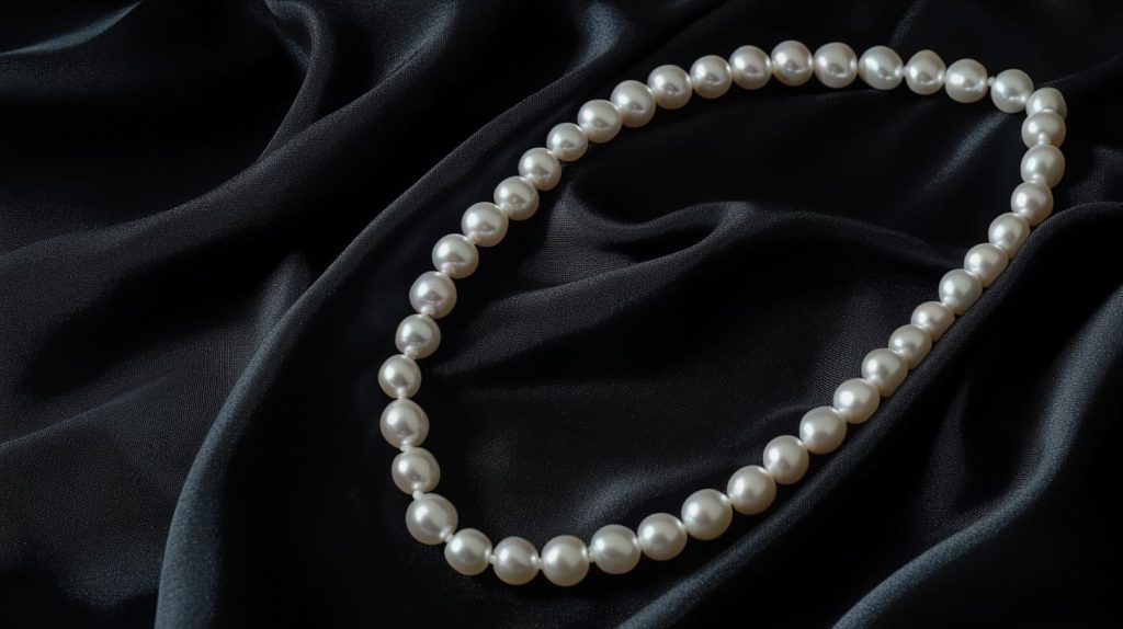 Single-strand pearl necklace arranged on luxurious black satin fabric, highlighting the pearls’ luminous glow and smooth surface.