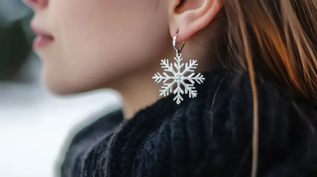 Close-up of a woman wearing large snowflake earrings, perfect for adding a winter-themed touch to her outfit and celebrating the season.