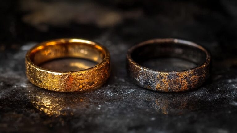 Comparison of two gold rings, one with heavy black tarnish and the other untarnished, showing effects of tarnishing on gold jewelry.