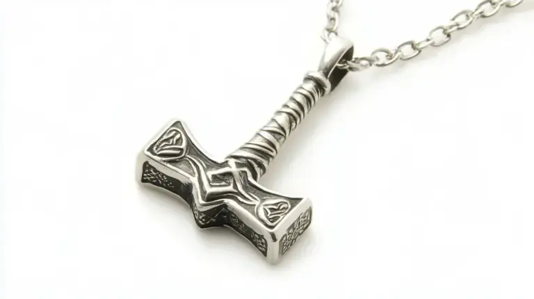 Silver Thor's hammer Mjölnir pendant on a chain, symbolizing protection, strength, and Viking heritage.