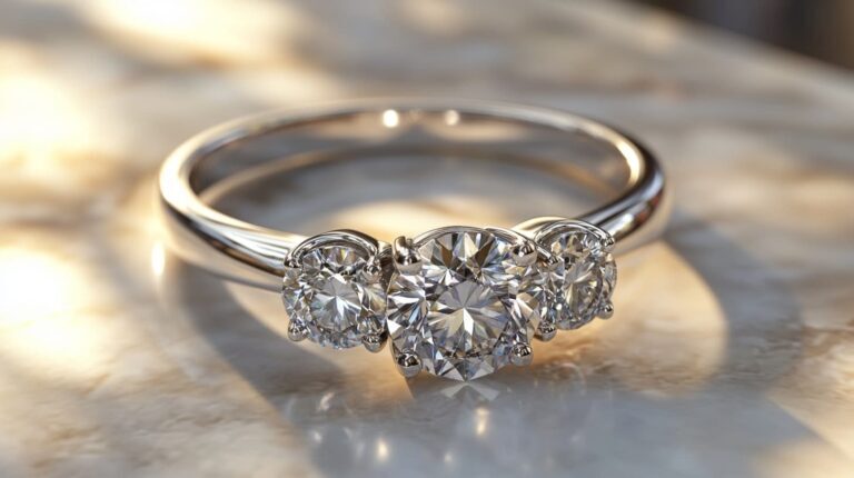 Three-stone diamond engagement ring with a brilliant center stone and two smaller side diamonds set on a sleek metal band