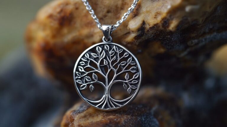 Close-up of a silver Tree of Life pendant necklace, symbolizing growth, strength, and the cycle of life.