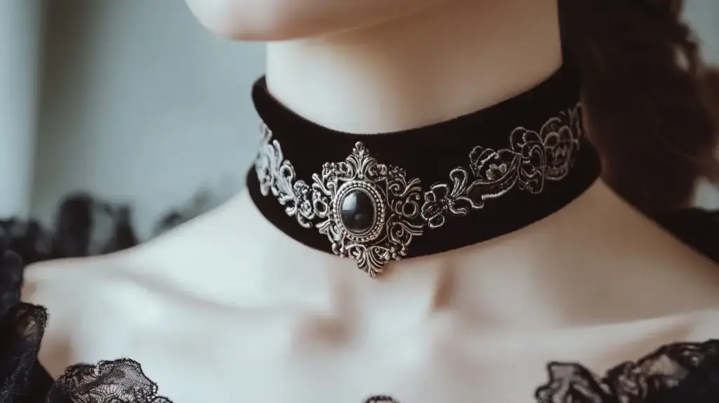 Gothic velvet choker with ornate silver details and a central black gemstone, capturing the dark elegance of Gothic jewelry.