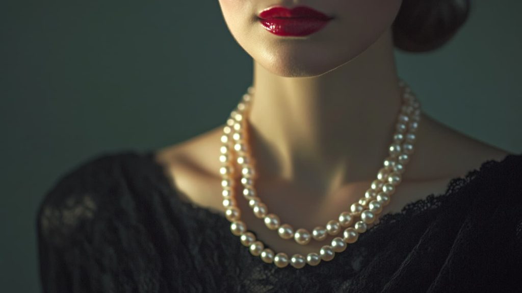 Woman wearing a multi-strand pearl necklace paired with a black lace dress and red lipstick, evoking timeless vintage glamour.