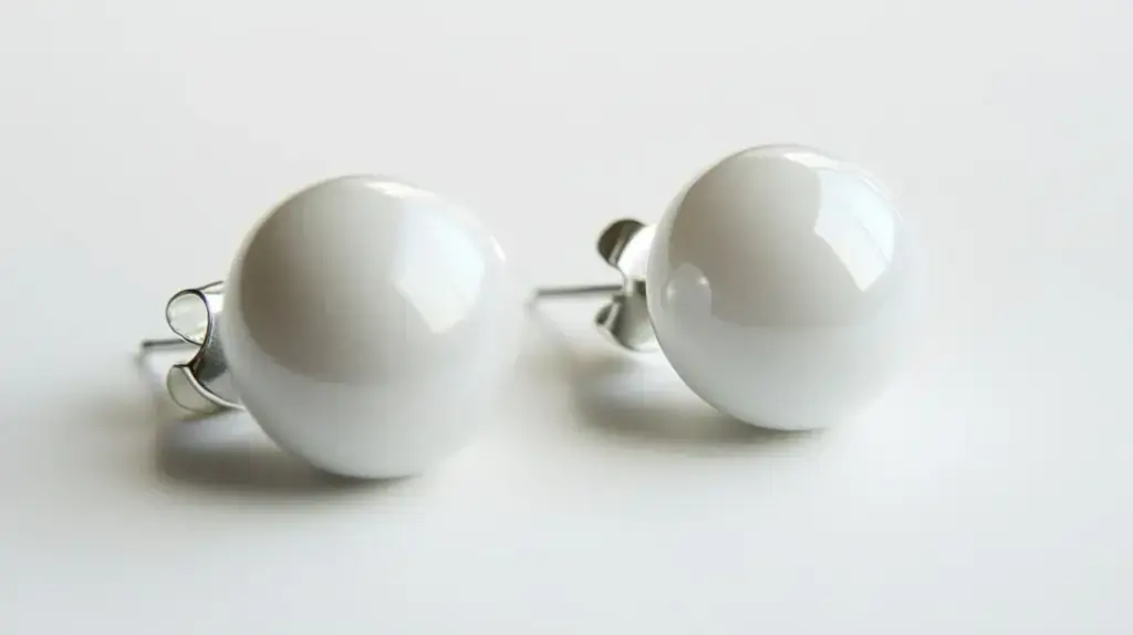 White pearl flat back earrings, demonstrating the push-pin style for secure and comfortable wear.