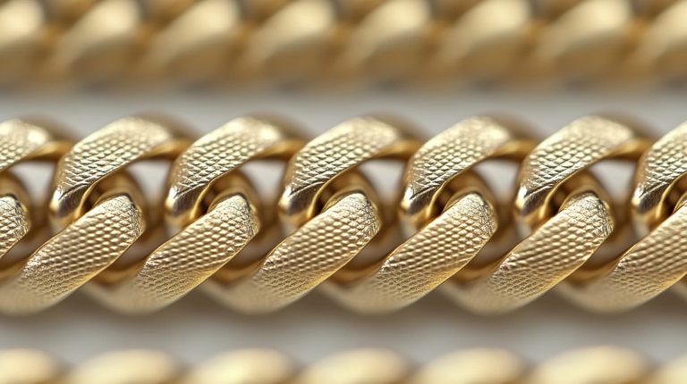 Macro shot of a yellow gold curb chain with a textured finish, highlighting its craftsmanship and durability.