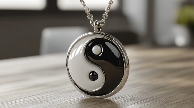 Silver Yin Yang necklace with black and white design, symbolizing balance and harmony.