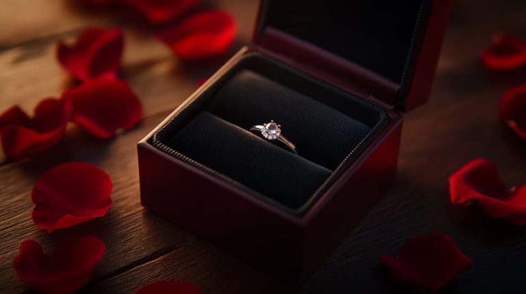 A romantic anniversary ring with a diamond setting, presented in a red box surrounded by rose petals, symbolizing love and commitment.