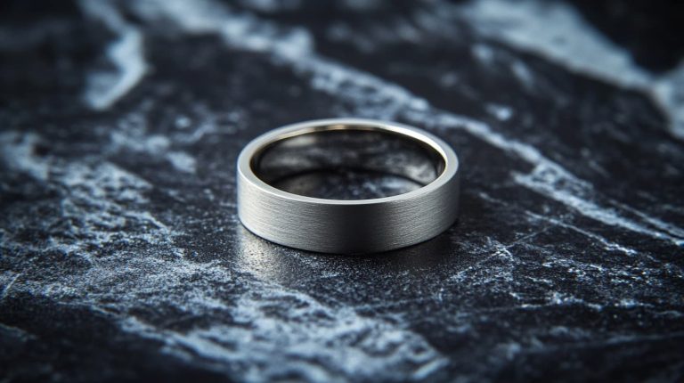 Minimalist stainless steel ring with a brushed finish placed on a dark textured background, emphasizing modern elegance.