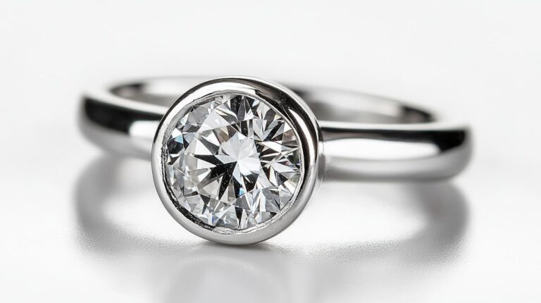 Minimalist diamond solitaire ring with a bezel setting, highlighting a brilliant-cut diamond securely encased in polished silver for a timeless design.