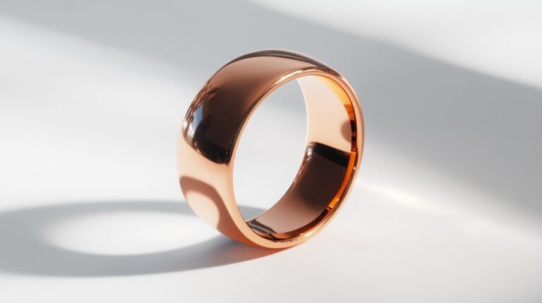 A sleek copper band ring with a polished, reflective surface. A contemporary and timeless jewelry piece.