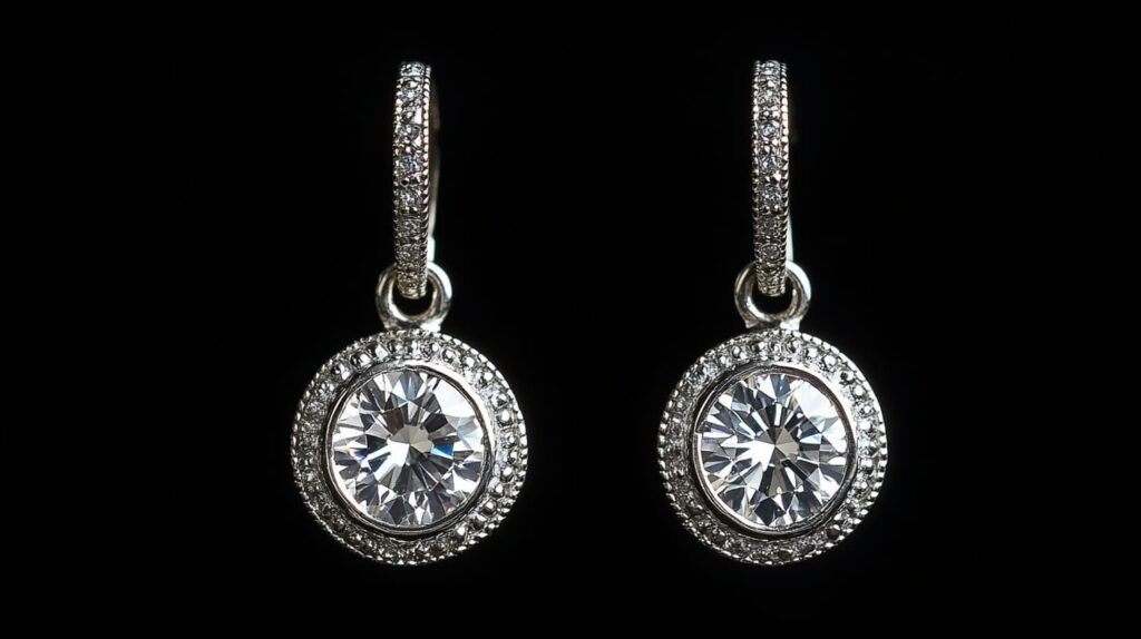 Pair of diamond drop earrings with circular milgrain borders, enhancing their vintage elegance and intricate craftsmanship.
