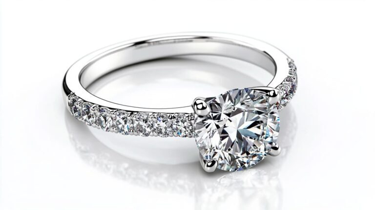 Close-up of a diamond engagement ring featuring a solitaire diamond with a pavé band, displayed on a white background.