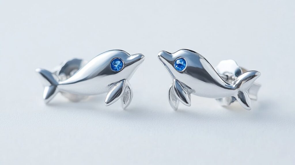 Silver dolphin stud earrings featuring sparkling blue crystal eyes, embodying elegance and ocean-inspired beauty.