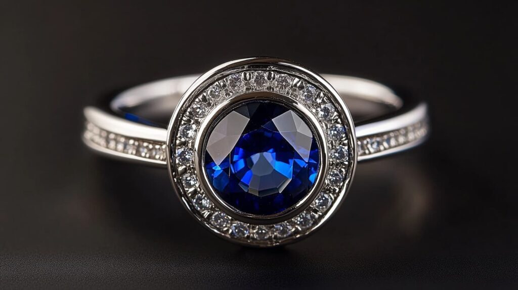 Sophisticated double bezel setting ring featuring a vibrant sapphire surrounded by a diamond halo, both encased in smooth, polished metal for a secure and elegant design.