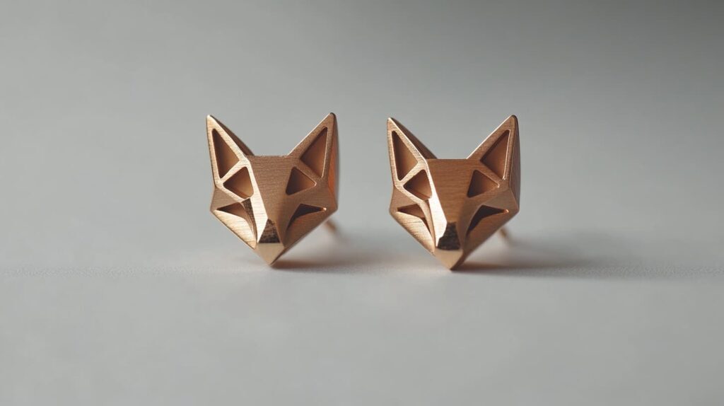 Geometric rose gold fox stud earrings with angular, minimalist design, displayed on a neutral background.