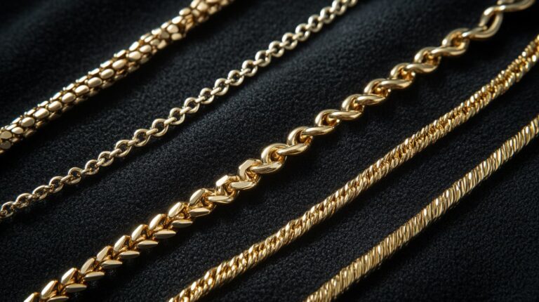 Close-up of various gold chain styles on black fabric, including rope, curb, and Singapore chains, suitable for pendants of all weights.
