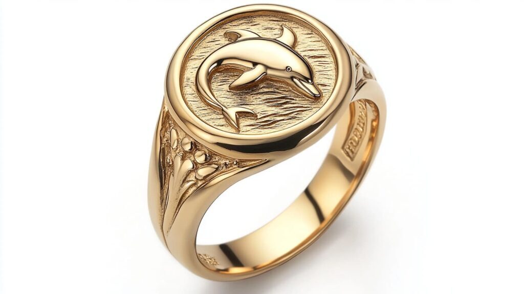 Gold dolphin signet ring with an engraved dolphin design, symbolizing protection and connection to the sea.