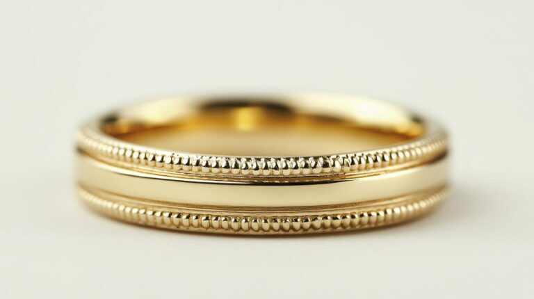 Close-up of a gold ring with intricate milgrain detailing along its edges, showcasing vintage-inspired craftsmanship and texture.