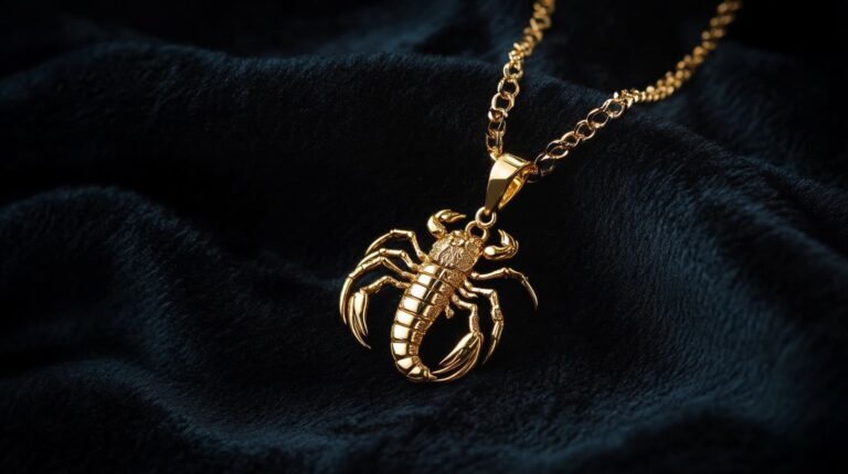 Luxurious gold scorpion pendant necklace resting on black velvet, highlighting intricate craftsmanship and symbolic protection in jewelry.
