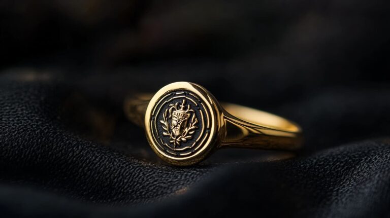 Gold signet ring engraved with a family crest, symbolizing legacy and heritage in heirloom jewelry.