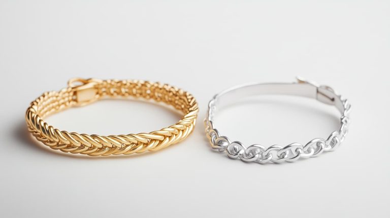 Comparison of gold twisted chain anklet and silver link bracelet on white background, showing size and design differences between anklet and bracelet