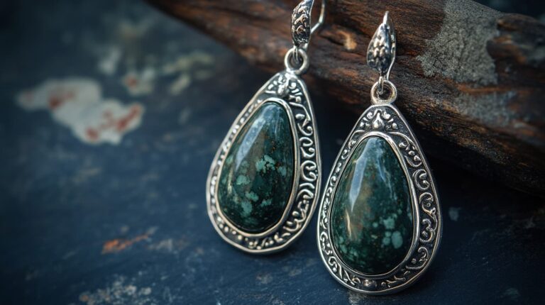 Close-up of handcrafted green jasper earrings set in ornate silver frames, displayed on a rustic background.