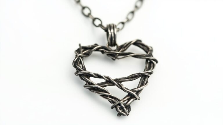 Close-up of a heart-shaped barbed wire pendant necklace in oxidized metal, symbolizing love, strength, and resilience.