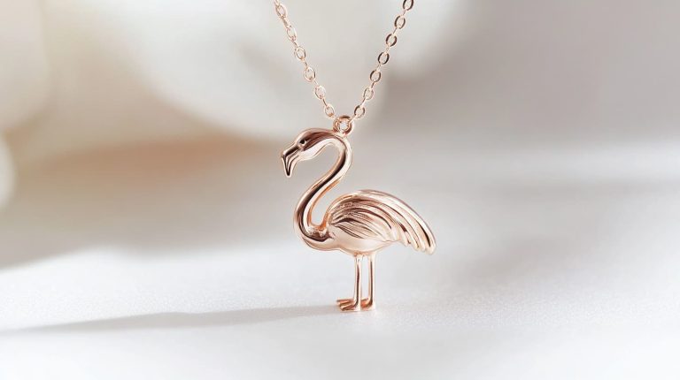 A minimalist rose gold flamingo necklace featuring a delicate design of the bird standing upright, symbolizing individuality and grace.