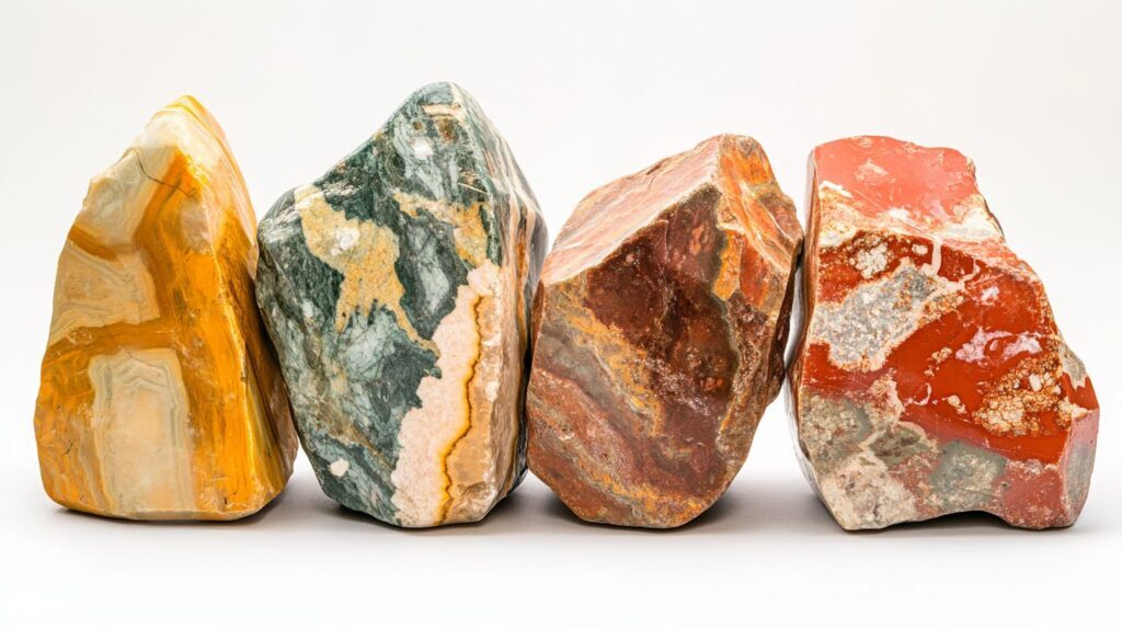 Four raw jasper stones in varying colors and patterns, including yellow, green, red, and brown, displayed on a neutral background.