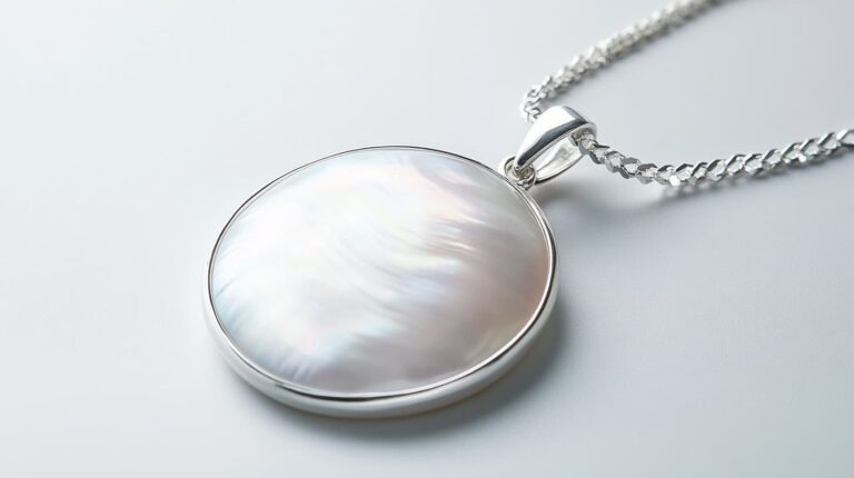 Round mother of pearl pendant with shimmering iridescent surface set in a sleek silver frame, hanging from a delicate silver chain.
