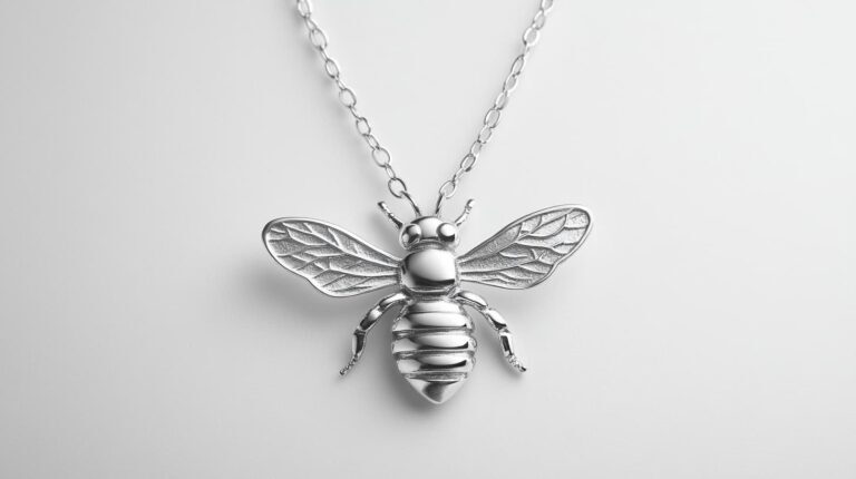 Minimalist silver bee pendant necklace with detailed wing and body textures, symbolizing hard work and environmental awareness in jewelry design.