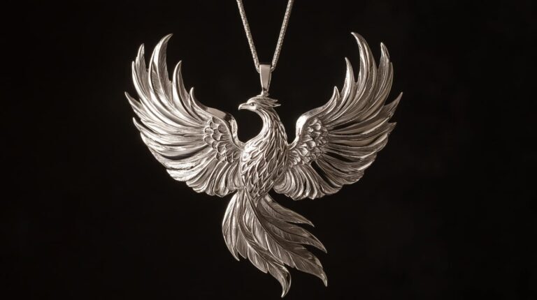 Silver Phoenix pendant with outstretched wings and intricate feather details, symbolizing resilience, renewal, and transformation.