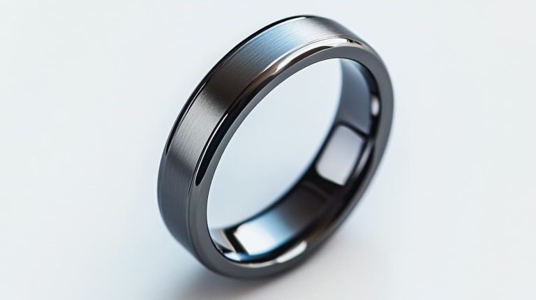 A close-up of a gunmetal gray tungsten ring with a polished edge and brushed center finish, highlighting its durability and modern appeal.