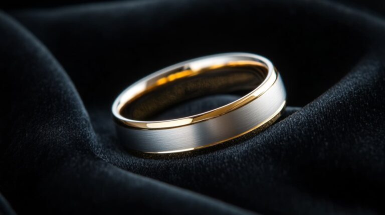 Two-tone wedding band with a brushed silver-toned center and polished yellow gold edges, blending modern minimalism with timeless style.