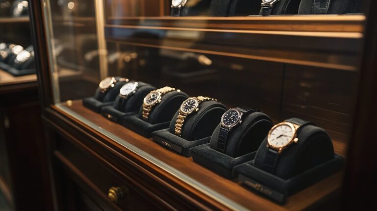 A collection of affordable luxury watches displayed in a glass case, featuring various styles and materials in a high-end store setting.