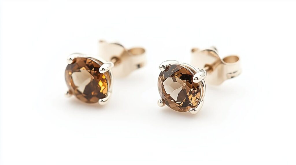 Pair of Andalusite stud earrings in gold prong settings, displaying warm reddish-brown hues with a brilliant cut.