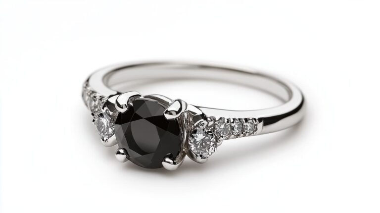 Close-up of a black diamond engagement ring in a white gold setting, accented with two side diamonds and small pavé details.